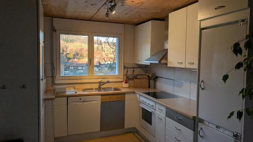a kitchen with a sink and a window at Casa14 - Swiss houses in Steffisburg