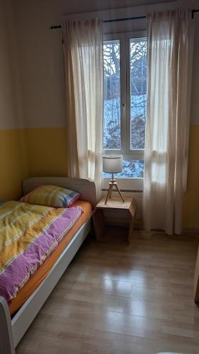 a bedroom with a bed and a window at Casa14 - Swiss houses in Steffisburg