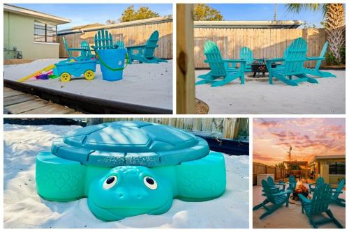 a collage of four pictures of a blue playground at Family Friendly Home Near Beach and Downtown in Clearwater