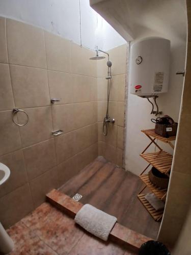 a bathroom with a shower with a wooden floor at Montevideo Del Parque in Montevideo