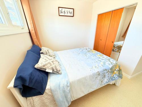 a bedroom with a bed with blue sheets and a mirror at Cozy main floor, 03 Bedrooms, close to Downtown REGINA in Regina