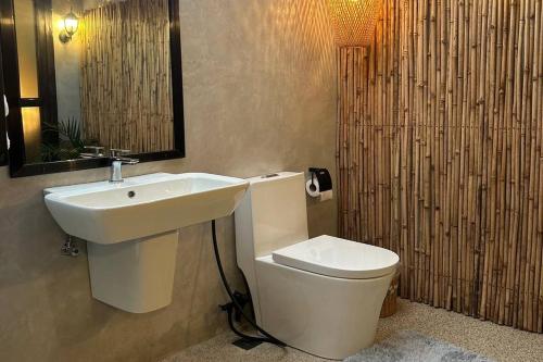 a bathroom with a sink and a toilet at Balai Balatong Ilocos near Laoag Airport in Raraburan