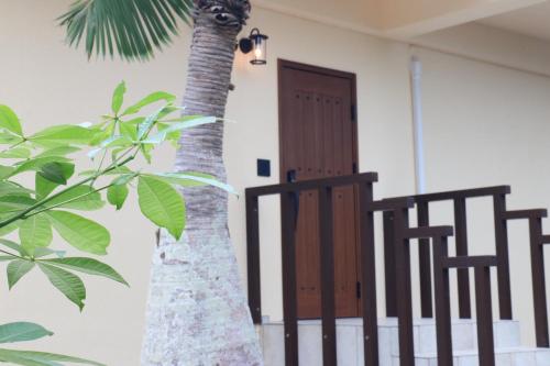 a palm tree next to a gate and a door at NEWOPEN Villa lanikai in Kabira