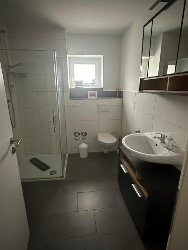 a bathroom with a shower and a sink and a toilet at Wohnung Lemkenhafen in Fehmarn