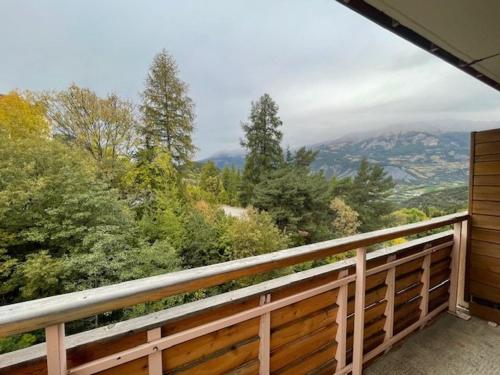 Elle comprend un balcon offrant une vue sur les arbres et les montagnes. dans l'établissement Studio confortable 4 pers, accès pistes, terrasse - FR-1-804-48, à Enchastrayes