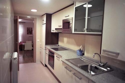 una cucina con un lavello e un piano di lavoro di Apartamentos Auhabitat Zaragoza, edificio de apartamentos turísticos a Saragozza