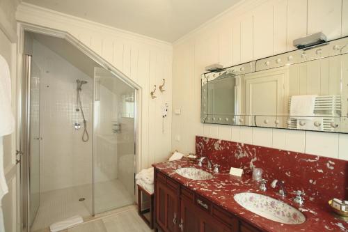 a bathroom with a shower and two sinks and a mirror at Villa Foscarini Cornaro in Gorgo al Monticano
