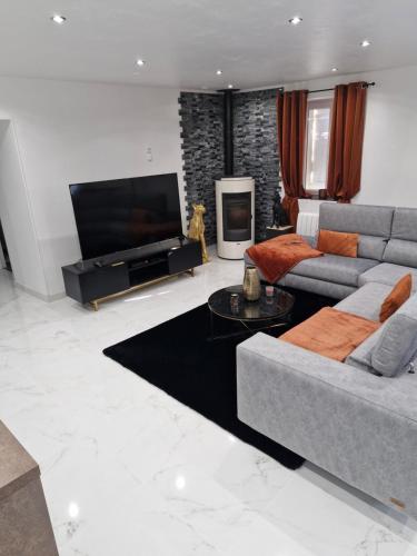 un salon avec un canapé et une télévision à écran plat dans l'établissement Infinity marbre, à Cérans-Foulletourte