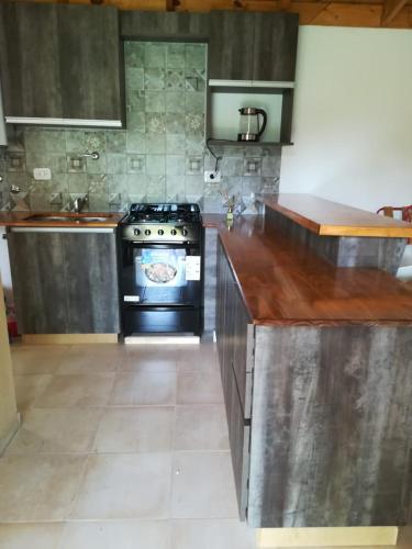 a kitchen with a stove and a counter top at Cabañas bahia in Bahía Blanca