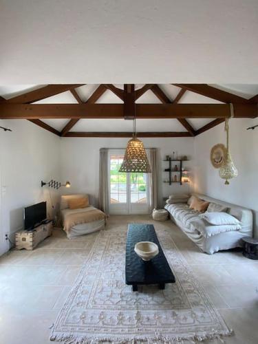 un salon avec un canapé et une table dans l'établissement Charmant gîte de 4 à 6 personnes à 5km de Duras, à Savignac-de-Duras