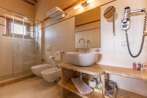 Un baño con lavabo, inodoro y ducha. en Villa Demetra, en Sarteano