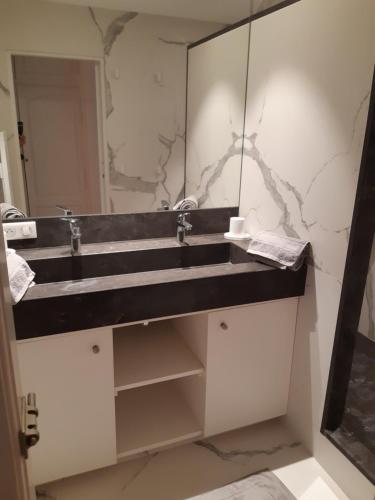 une salle de bain avec un lavabo et un miroir dans l'établissement Appartement entièrement rénové dans le centre de Saint Tropez, à Saint-Tropez