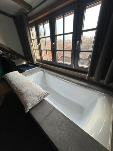 a bath tub in a room with windows at DVOR 13 Hokovce in Hokovce