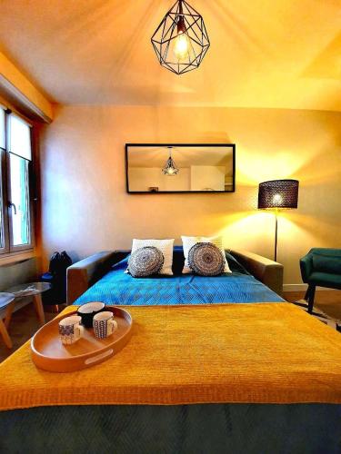 une chambre avec un lit avec un plateau dessus dans l'établissement F2 Moderne Confort, Hyper Centre, à Enghien-les-Bains