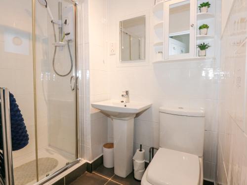 une salle de bain avec un lavabo et une douche dans l'établissement Harbour Escape, à Porthmadog
