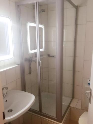 a shower with a glass door next to a sink at Hotel Adler in Grenzach-Wyhlen