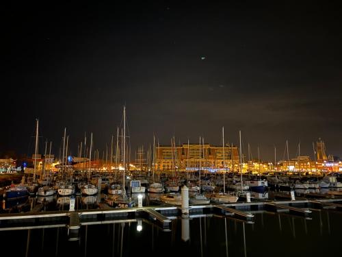 a group of boats docked in a marina at night at Le Cottage Malouin in Dunkerque
