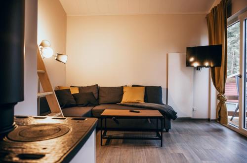 a living room with a couch and a table at Ferienhaus Oberspreewald in Schwielochsee