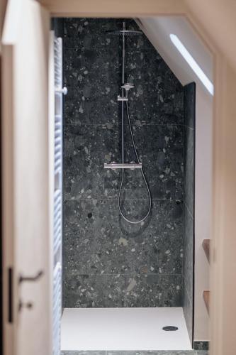 a bathroom with a shower with a glass wall at Le Temps de Vivre Chimay - Ardennen in Momignies