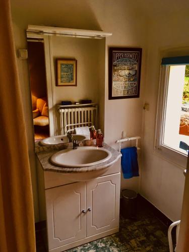 une salle de bain avec un lavabo et un miroir dans l'établissement Le Clos Rabelais, à Langeais