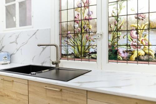 une cuisine avec évier et une fenêtre fleurie dans l'établissement le RAMOND, à Carcassonne