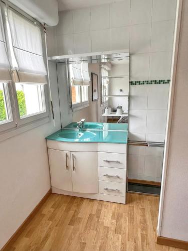 une salle de bain avec un lavabo et un miroir dans l'établissement Maison spacieuse à Cléder avec jardin + 10 personnes., à Cléder