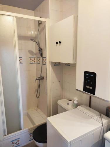une petite salle de bain avec douche et toilettes dans l'établissement Studio avec coin nuit à deux pas de la plage, à Mauguio