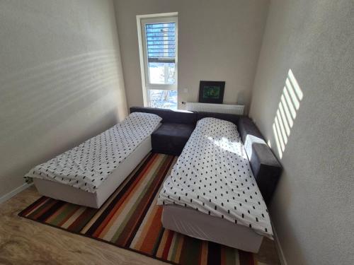 a living room with two beds and a window at Villa Wisteria Brezovice in Brezovicë