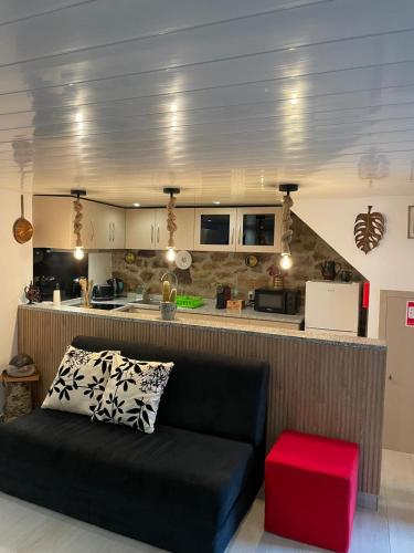 a living room with a black couch and a kitchen at Casas do Lobo in Tarouca