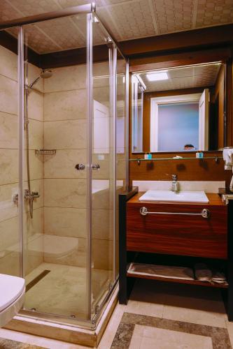 a bathroom with a shower and a sink at Armida City Hotel in Canakkale