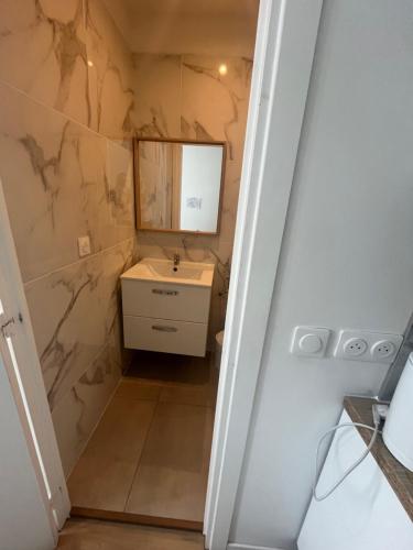 a bathroom with a sink and a mirror at Résidence Appartement Adonis in Nice