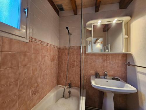 a bathroom with a sink and a shower at Les Embruns in Clohars-Carnoët