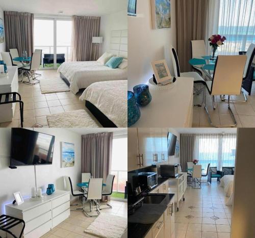 three pictures of a hotel room with a bedroom at Apartment View to the Beach Sunny Isles in Sunny Isles Beach