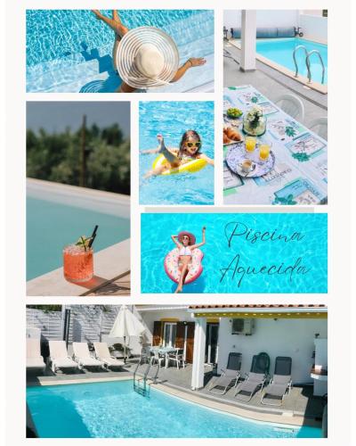 a collage of photos of a pool and a woman swimming at Sunset Chateau -Piscina Aquecida, Vista Mar in Atouguia da Baleia