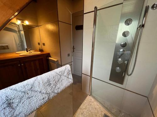 a bathroom with a shower and a sink at Chalet con encanto Jardín y Parking Privado in Vielha