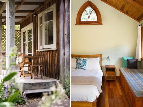 a bedroom and a room with a bed and a window at The Church Accommodation in Hahei