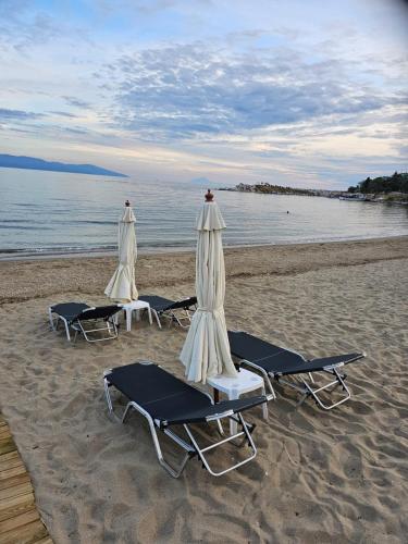 three lounge chairs and umbrellas on a beach at Beach Apartment A in Néa Karváli