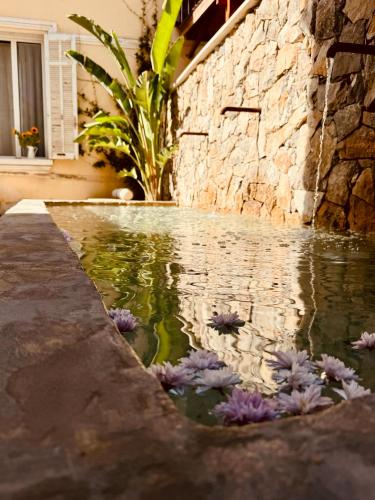a pool with purple flowers in the water at Maison LYO logement Luxe in Cannes