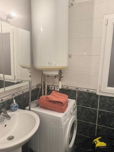 a bathroom with a washing machine and a sink at Close to Paris & Disney & Ofpra in Le Perreux-Sur-Marne