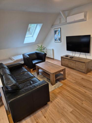 a living room with a black leather couch and a tv at Les 6 in Zlín