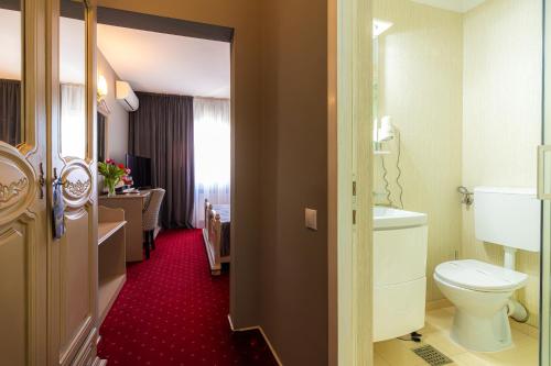a bathroom with a toilet and a red carpet at Hotel Brilliant Meseș in Zalău