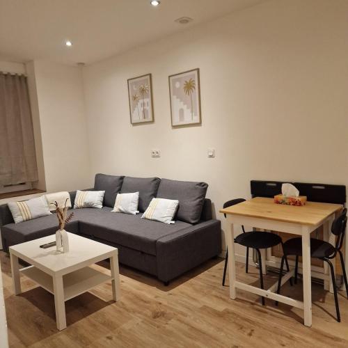 un salon avec un canapé et une table dans l'établissement Bel appartement cosy, à Fleury-les-Aubrais