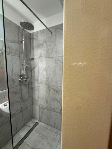 a shower with a glass door in a bathroom at Penzión Max Kežmarok in Kežmarok