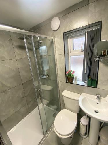 a bathroom with a shower and a toilet and a sink at 5 bedroom Luxury Townhouse near City Centre, sleep 16 in Manchester