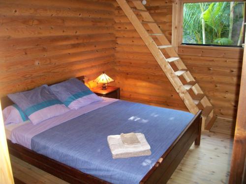 ein Schlafzimmer mit einem Bett in einer Holzhütte in der Unterkunft Le Chalet la Fontaine Saint Leu in Saint-Leu