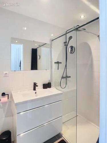 une salle de bain blanche avec un lavabo et une douche dans l'établissement Studio Le Saint Honorât Juan les pins, à Antibes