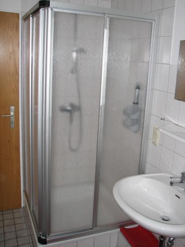 a shower with a glass door next to a sink at Ferienwohnungen Langholz in Hohn
