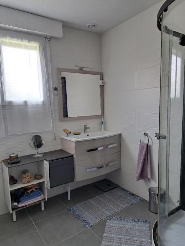 une salle de bain avec un lavabo et un miroir dans l'établissement Sérénité, à Lit-et-Mixe