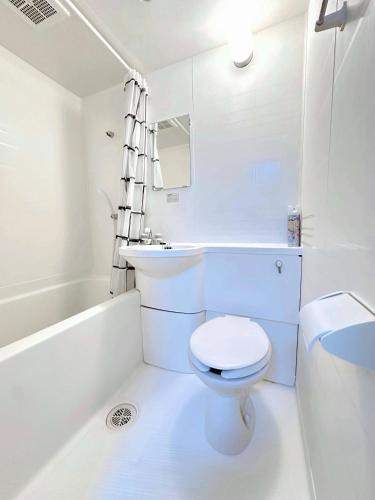 a white bathroom with a toilet and a sink at L!fe Apartment Hakuba in Hakuba