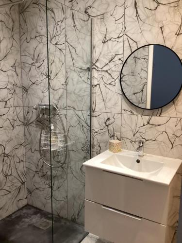 une salle de bain avec un lavabo et un miroir dans l'établissement L'appartement de Gaston, à Les Sablettes